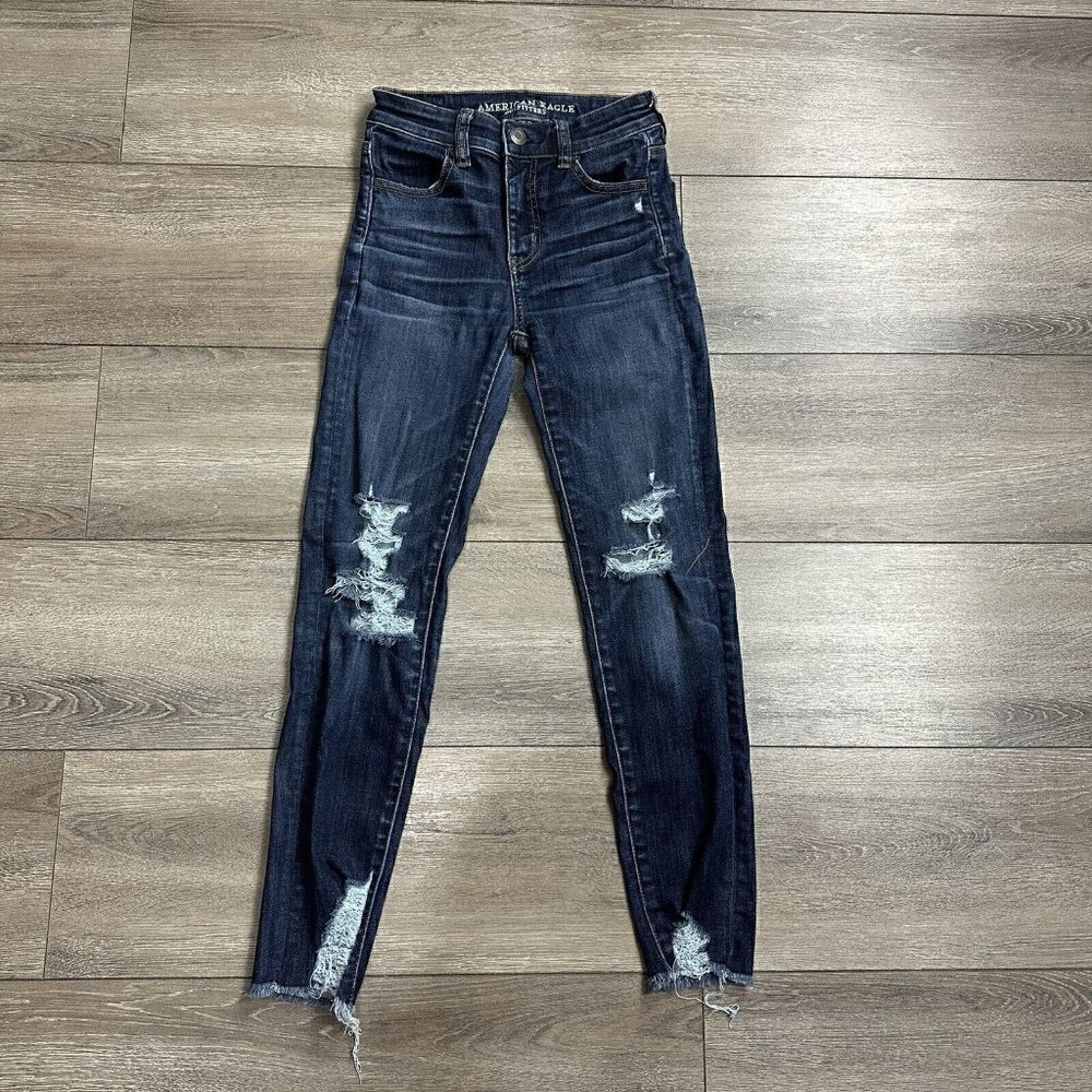 American Eagle Jeans Size 0 Distressed Curvy Hi Rise Jegging Wash Blue Denim